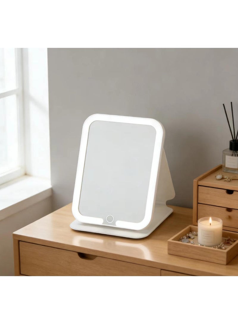 موردلي مرآة مكياج محمولة قابلة للطي مع إضاءة بثلاثة ألوان وخاصية التعتيم باللمس، مرآة مكياج يدوية ومكتبية للرجال والنساء والطلاب والسفر والاستخدام المنزلي (أبيض - كبير) - Image 3